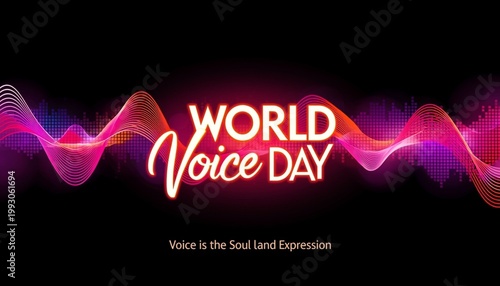 World Voice Day neon banner with glowing pink and purple sound waves and digital frequency equalizer on dark background