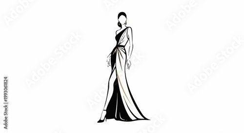 Elegant woman in a flowing black and white gown with gold accents