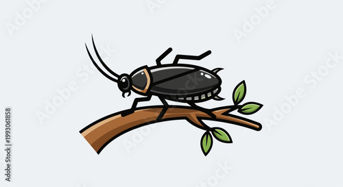 Cartoon insect with six legs on a brown branch with green leaves
