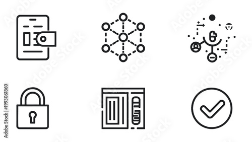 Digital Era Security: a collection of minimal, black-and-white icons of technology and security, including a mobile wallet, blockchain network, data transmission, padlock, data center, and check mark.