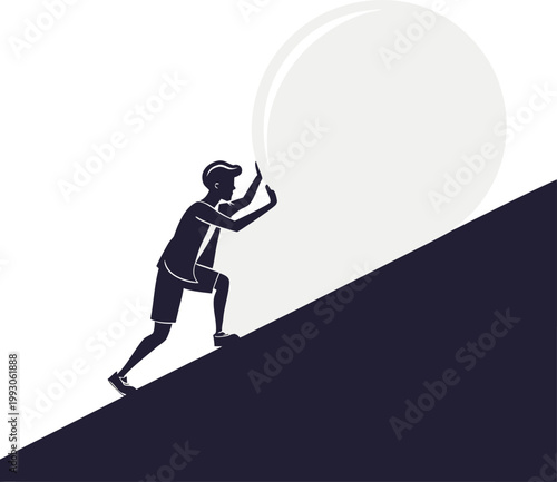 Businessman pushing giant ball up hill, struggle, challenge, motivation, vector illustration
