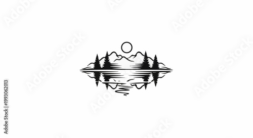 Stylized reflection of pine trees and mountains in water under moon