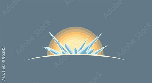 Abstract depiction of crystals rising before a gradient sun in a muted sky