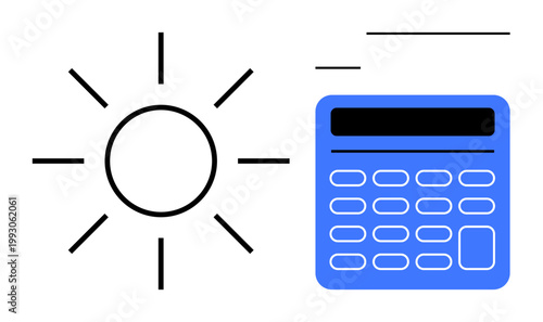 Renewable energy, solar energy, efficiency tracking, environmental sustainability, green energy production, energy cost analysis. ion of a sun symbol and a calculator. Renewable and solar concept