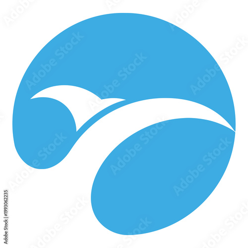 Blue wave with white surfboard riding ocean swell  surfing graphic symbol icon