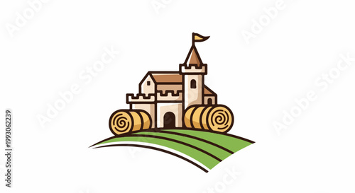Stylized castle on a grassy hill with hay bales