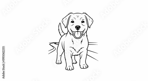 A happy, black and white cartoon dog with its tongue out