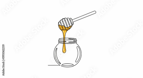 A dipper releases golden honey into a round glass jar