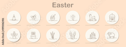 Easter set icon. Line symbols depict candle flame, butterfly, painted egg, cross symbol, chicken with chicks, festive cake, angel figure, holiday cake, spring branch, rabbit egg, candle group
