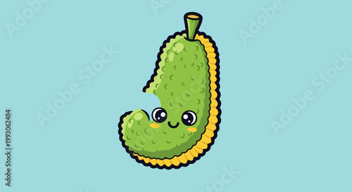 A cartoon jackfruit with a bite mark and a smiling face