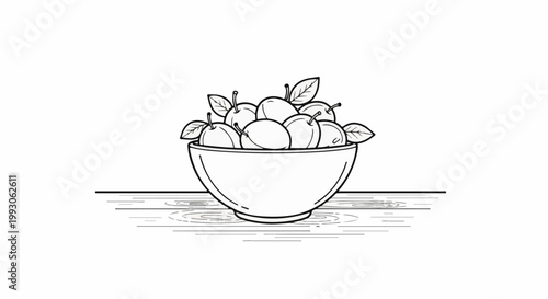 A simple line drawing of a bowl filled with ripe fruit and leaves on a wooden surface