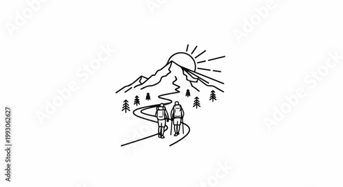 Two hikers walk on a winding path towards a majestic mountain at sunrise