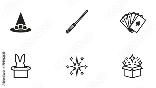 Magical Illusion: A collection of six line art icons representing the elements of magic, inviting wonder and fantasy.