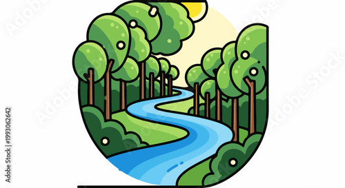 A vibrant, stylized forest scene with a winding blue river and bright sun