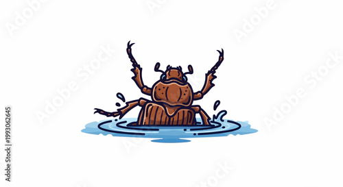 Brown beetle with raised legs splashing in blue water