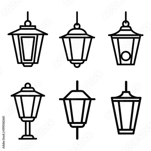 Collection of various outdoor street lamp icons in simple line style designs icon