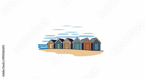 Colorful beach huts line a sandy shore with blue ocean and clouds