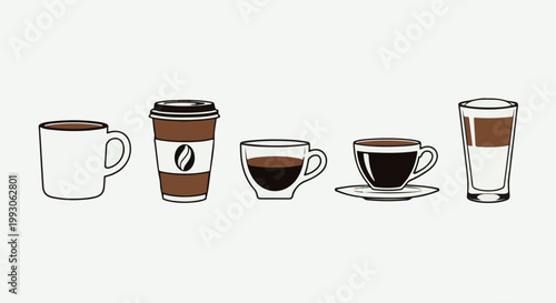 A collection of diverse coffee cups and mugs, each holding brewed coffee