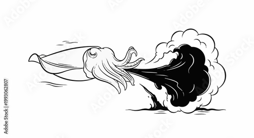 Ink jetting marine creature with tentacles and billowing cloud