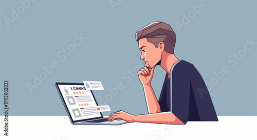 Person contemplating online shopping on a laptop with star ratings visible