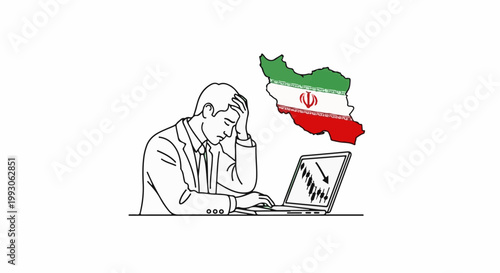 Man with head in hands looks at laptop showing falling stock graph with Iran map