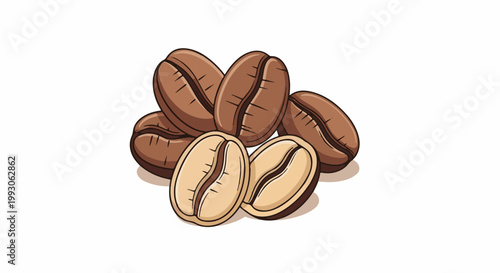 Pile of brown and light tan coffee beans with a cleft down the middle
