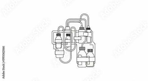 Schematic of interconnected bottles and tubing, a scientific setup