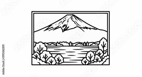Stylized outline of a majestic mountain, water, and trees within a border