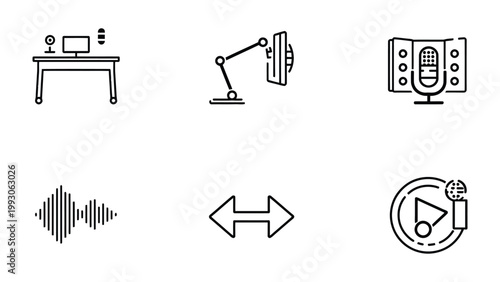 Recording studio equipment and sound editing icons: A collection of sleek, minimalist icons representing essential tools and elements within a sound studio.