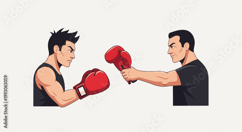 Two cartoon men in boxing gloves face each other intensely