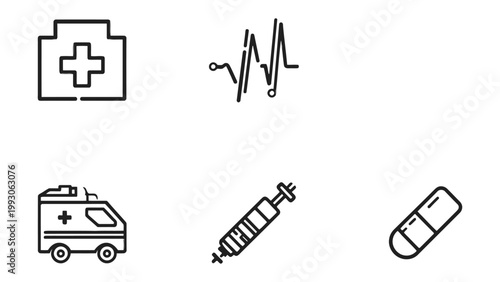 Healthcare Icons: A collection of concise medical icons, offering visual representations of essential healthcare elements. This set includes a medical kit, a cardiogram, an ambulance, a syringe.