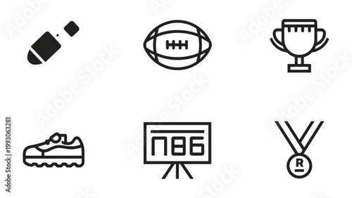 Sports Icons: A collection of minimalist sports icons including a whistle, a rugby ball, a trophy, a shoe, scoreboard, and a medal, ideal for design and UI purposes.