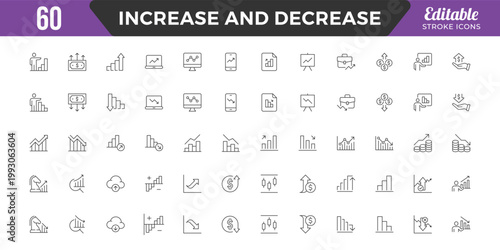 Increase and Decrease line Editable Icons set. Graph, Diagram, business growth, finance, economy, statistics, summary, profit, fall, arrow up, down,
and more. Simple vector icons. Editable Stroke.