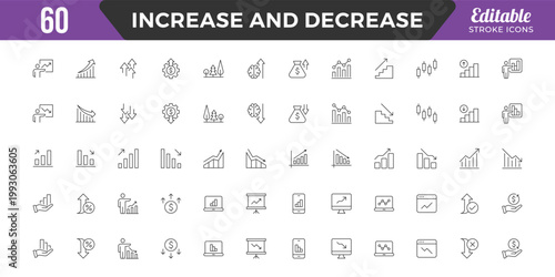 Increase and Decrease line Editable Icons set. Graph, Diagram, business growth, finance, economy, statistics, summary, profit, fall, arrow up, down,
and more. Simple vector icons. Editable Stroke.