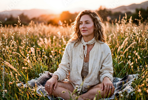 Beautiful woman sitting on meadow at sunset wearing lace bandana and bomber jacket for laced up fashion trend and summer solstice aesthetic