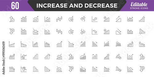 Increase and Decrease line Editable Icons set. Graph, Diagram, business growth, finance, economy, statistics, summary, profit, fall, arrow up, down,
and more. Simple vector icons. Editable Stroke.