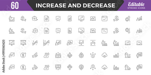 Increase and Decrease line Editable Icons set. Graph, Diagram, business growth, finance, economy, statistics, summary, profit, fall, arrow up, down,
and more. Simple vector icons. Editable Stroke.