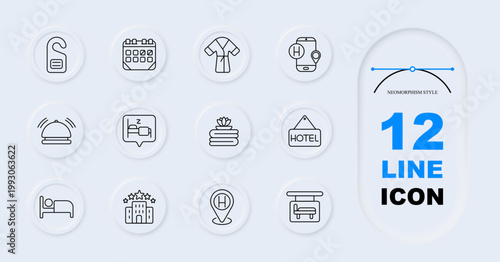 Hotel service set icon. Line symbols with door hanger calendar bathrobe mobile location reception bell sleep message spa hotel bed building helipad canopy inside circular