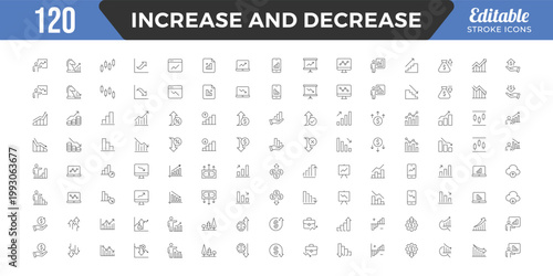 Increase and Decrease line Editable Icons set. Graph, Diagram, business growth, finance, economy, statistics, summary, profit, fall, arrow up, down,
and more. Simple vector icons. Editable Stroke.