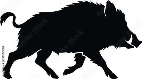 A powerful black silhouette vector illustration of a wild boar, also known as a sus scrofa, running with visible tusks and bristly fur.