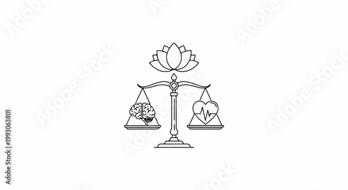Balance scales hold brain and heart with lotus flower above
