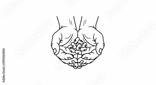 Line art of two cupped hands holding a pile of beans