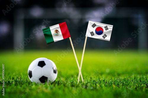 Mexico vs South Korea, national flags before world championship Group A group stage match, football on green pitch with goal in the background, Zapopan, Mexico, June 18, 2026