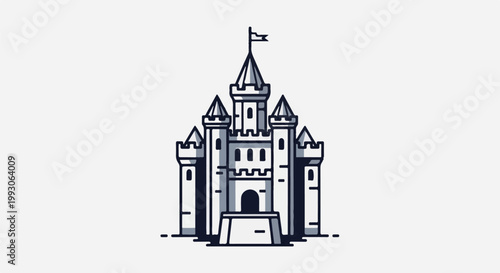 Minimalist drawing of a grand, symmetrical castle with multiple towers and a flag
