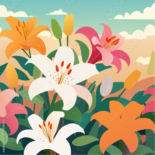 Vibrant lily flowers blooming in field vector illustration