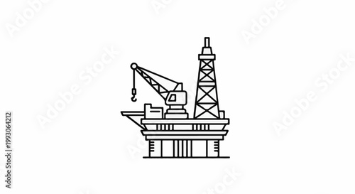 Detailed line drawing of an offshore oil rig with a crane and derrick