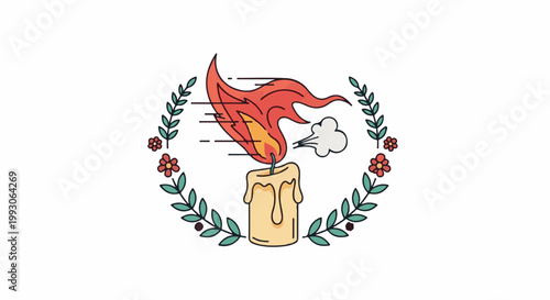 Stylized candle flame within a floral wreath, with smoke emanating