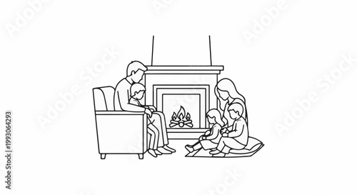Family gathered by fireplace, enjoying warmth and togetherness