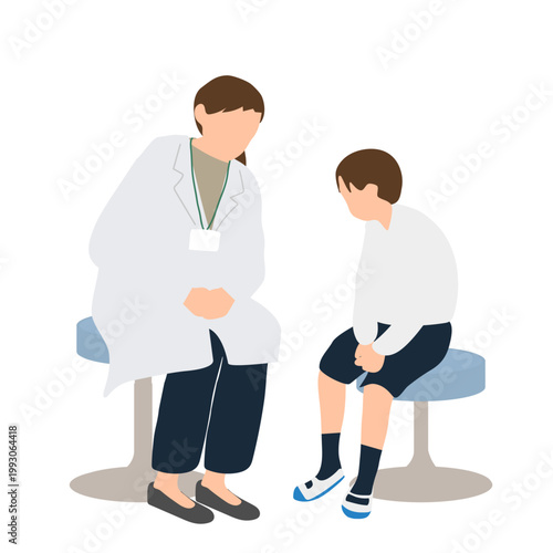 保健室で養護教諭と話す小学生の男の子のイラスト
