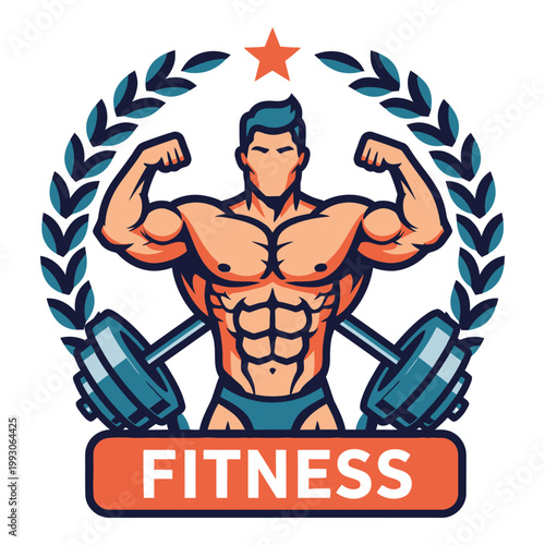 Muscular man flexing arms with dumbbells and laurel wreath around him fitness icon graphic icon
